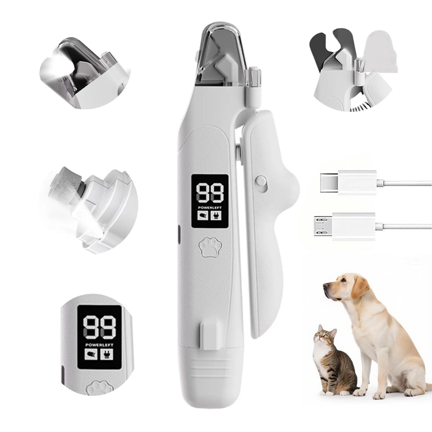 Ultimate 2-In-1 LED Nail Clippers & Grinder for Dogs and Cats - Quiet, USB-C Rechargeable Pet Grooming Tool for Safe and Easy Nail Care